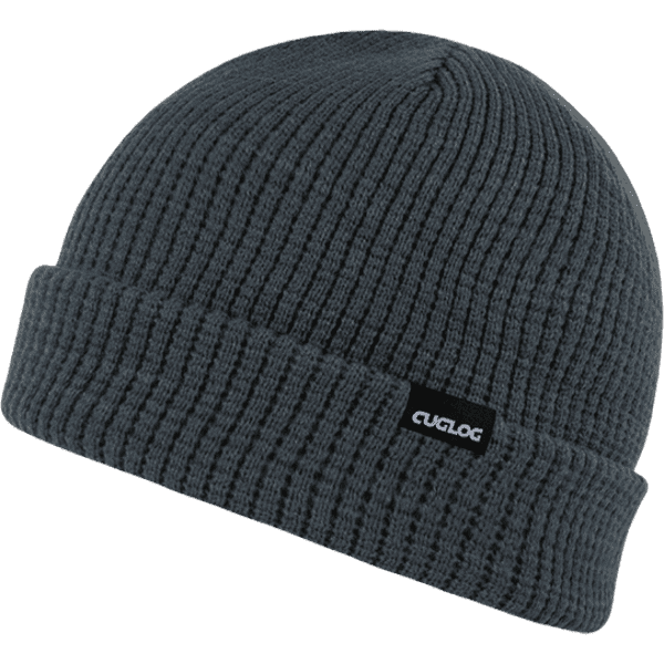 A grey beanie with a ribbed texture and a logo on the side.