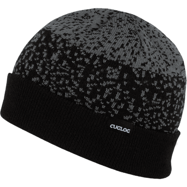 A knitted beanie in black and grey with a textured pattern and a small logo.