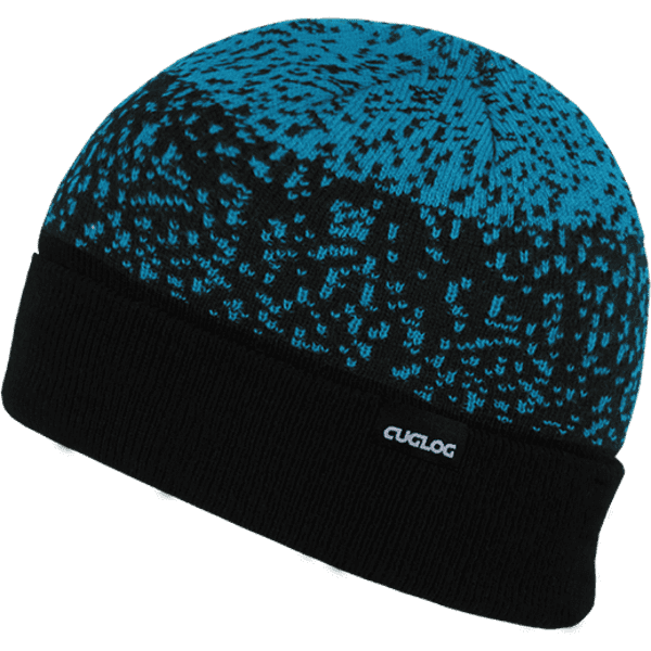 A knitted beanie featuring a black and turquoise speckled design with a folded black cuff and a logo.