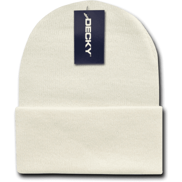 A white acrylic knit cap with a folded cuff and a logo tag attached.