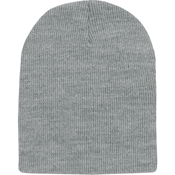 A grey beanie with a ribbed texture and a rounded top. It features a logo but no text.