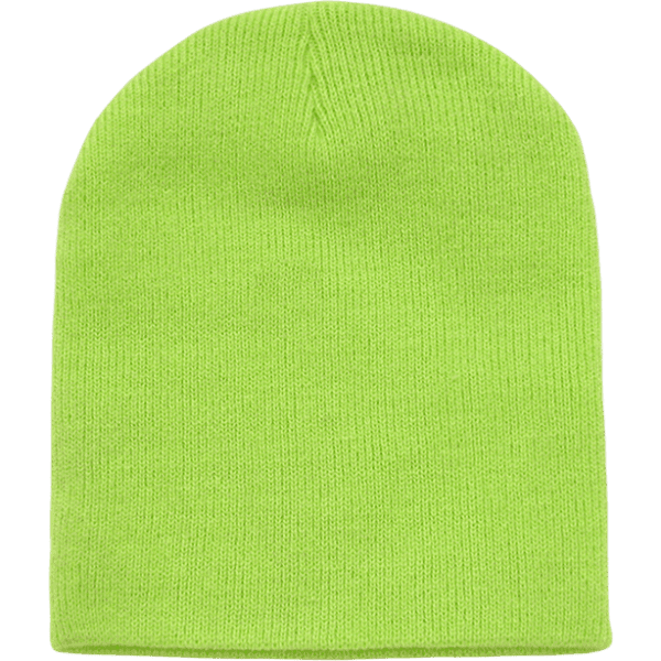 A bright green beanie with a ribbed texture and a classic beanie shape, featuring no visible logos.
