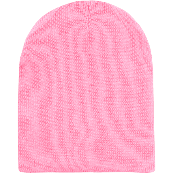 A pink beanie with a ribbed texture and a fitted style, featuring a simple design.