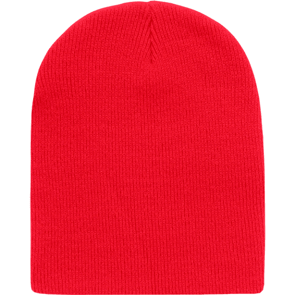 A red beanie made of knitted fabric, featuring a rounded top and a ribbed texture.
