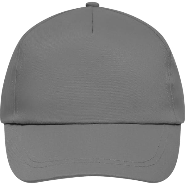 A grey 5-panel cap with a curved brim and a logo on the front, designed for promotional use.