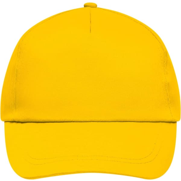 A bright yellow 5 Panel Promo Cap with a structured design and a logo.