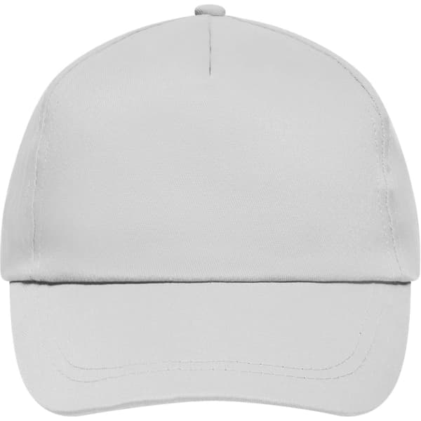 A white 5 panel promo cap with a curved brim and a logo on the front.