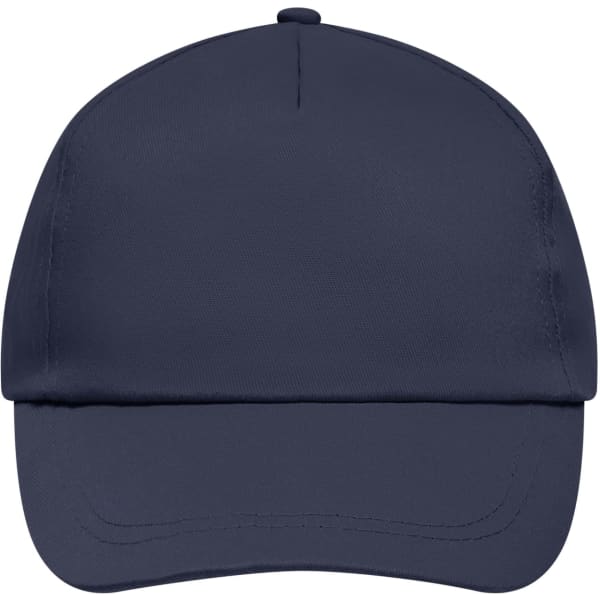 A navy 5-panel promo cap with a curved brim and a logo detail on the front.