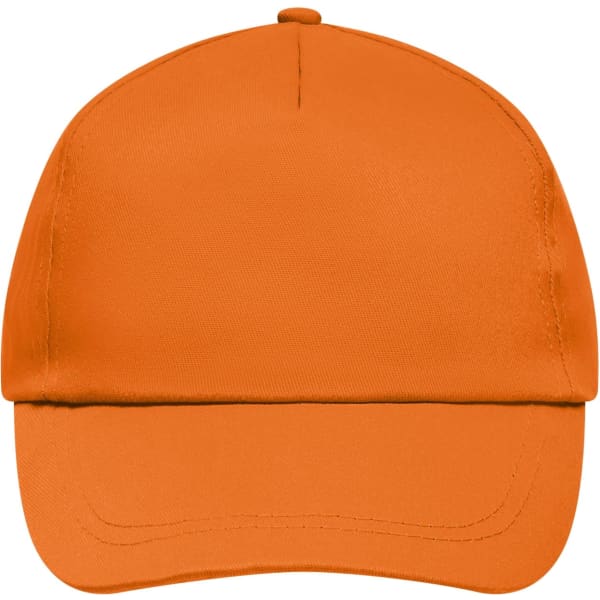 An orange 5 Panel Promo Cap with a flat peak and a logo on the front.