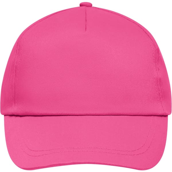 A pink 5 panel promo cap with a curved brim and a logo on the front.