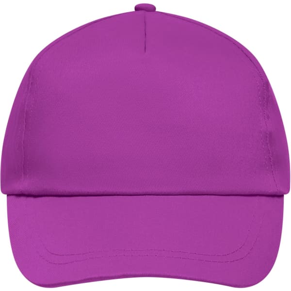A purple 5 Panel Promo Cap featuring a curved brim and a structured design. It includes a logo on the front.