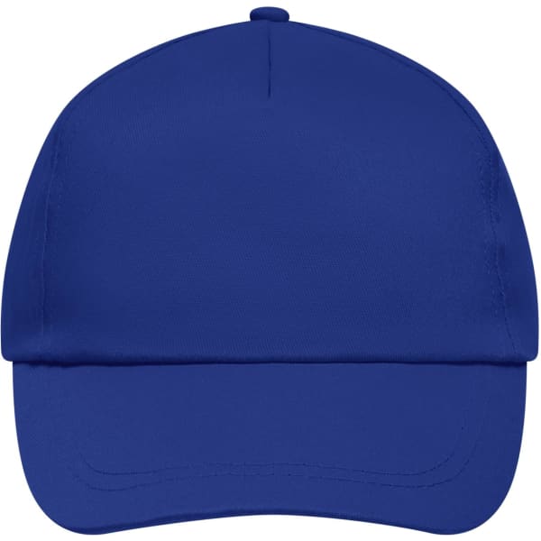 A blue 5 Panel Promo Cap featuring a front peak and a logo on the side.