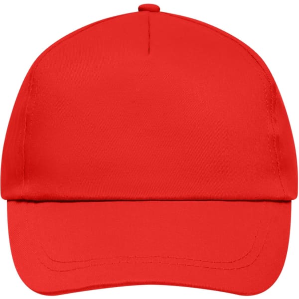 A red 5 Panel Promo Cap featuring a structured design and a flat brim. It includes a logo on the front.