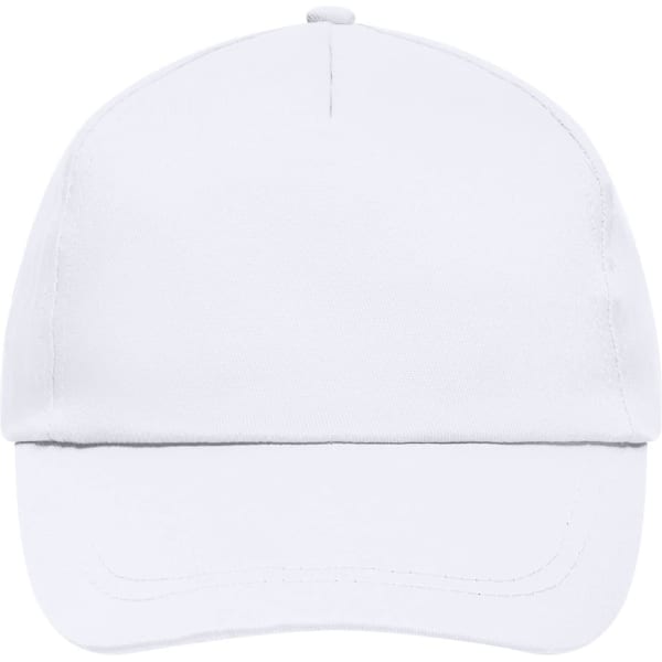 A white 5 panel cap featuring a flat brim and a logo on the front. Ideal for promotional use.
