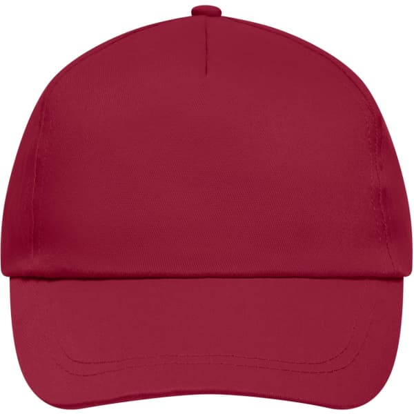 A maroon 5 panel promo cap featuring a rounded crown and a curved brim, with an area for branding.