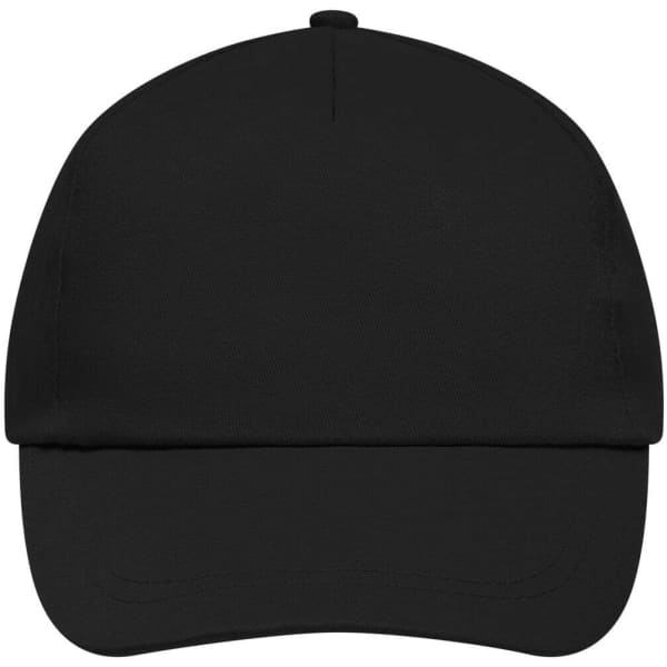 A black 5 panel promo cap featuring a curved brim and a plain design, with a logo.