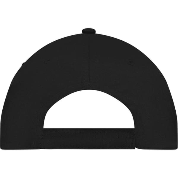 A black 5 Panel Promo Cap featuring a curved brim and an adjustable strap at the back, with a logo present.