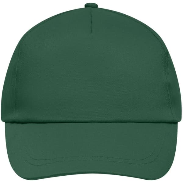 A green 5 panel promotional cap featuring a curved brim and a logo on the front.