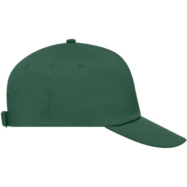 A green 5 panel cap with an adjustable strap at the back and a logo on the front.