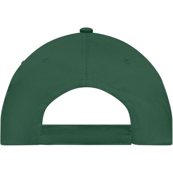 A green 5-panel cap with an adjustable strap and a logo on the back panel.