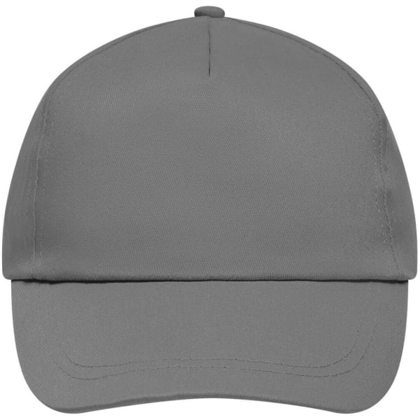 A grey 5 panel promo cap featuring a curved brim and a logo on the front.