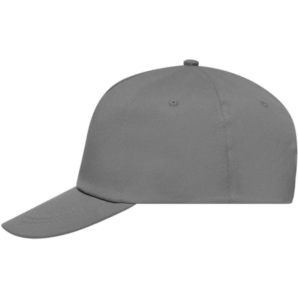 A grey 5-panel promo cap with a curved brim and a button on top. It features ventilation holes and branding.