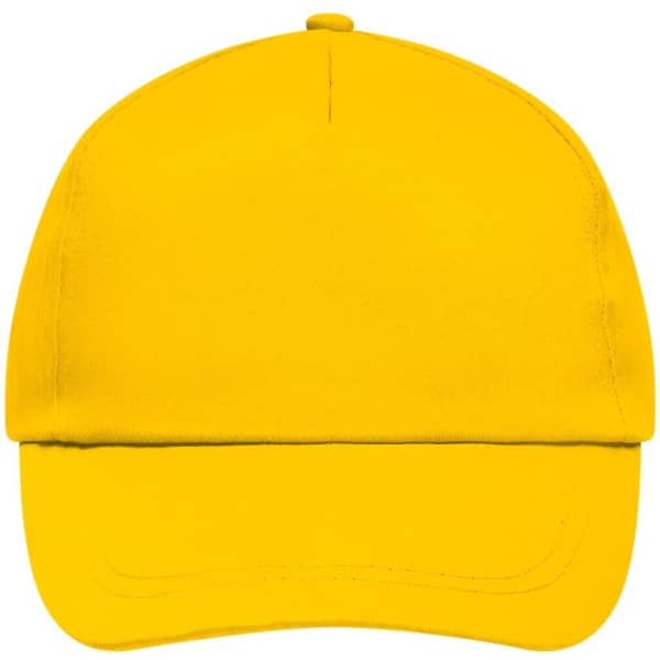 A bright yellow 5-panel cap featuring a structured front, designed for promotional use, with a branding logo.
