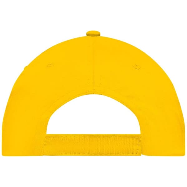 A bright yellow 5 Panel Promo Cap featuring a rear adjustable strap and a logo on the back.