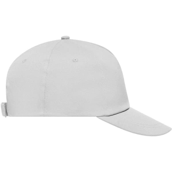 A grey five-panel cap featuring a flat brim and an adjustable strap at the back. It includes a logo.