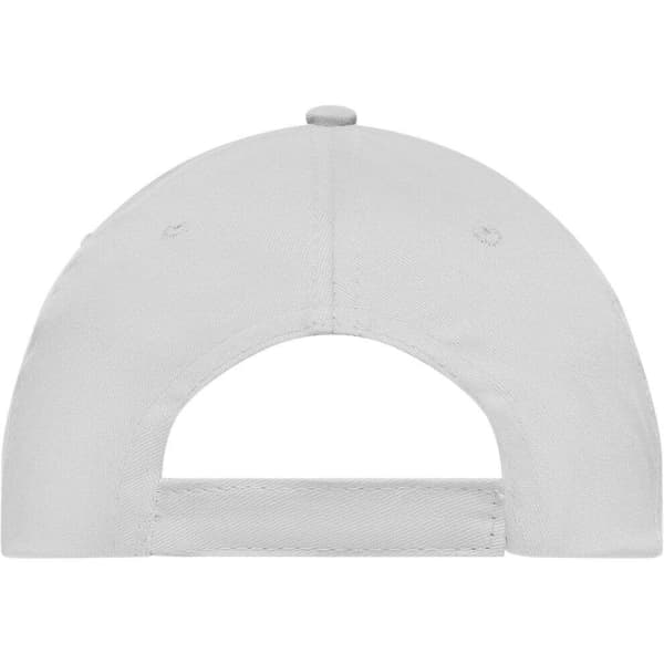 A white 5 Panel Promo Cap featuring a solid back design and an adjustable strap. It includes a logo on the side.