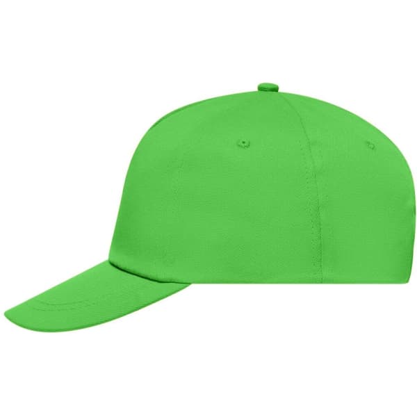 A bright green 5 panel promo cap with a curved brim and a logo on the front.