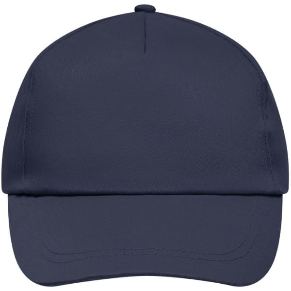 A navy blue five-panel promotional cap featuring a structured design and a logo on the front.