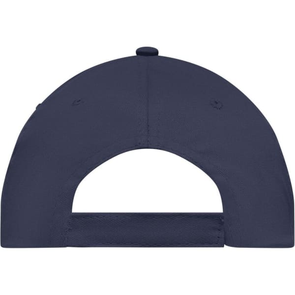 A navy blue 5 Panel Promo Cap featuring a rear view, with an adjustable strap and a branding logo.
