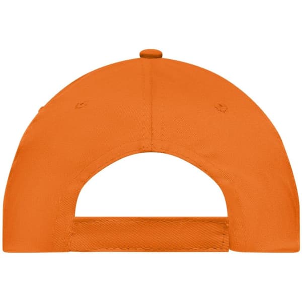 An orange 5 Panel Promo Cap featuring an adjustable strap and a curved peak, with a logo on the back.