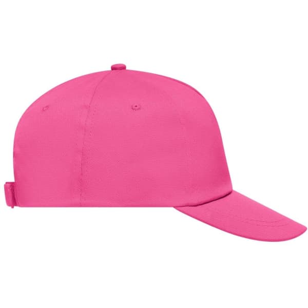 A vibrant pink 5 Panel Promo Cap with a back strap and ventilation holes. Features a logo.