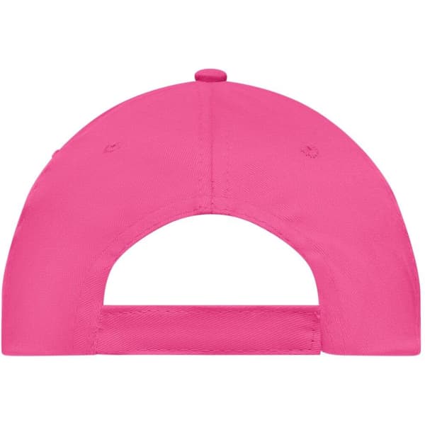 A pink 5 Panel Promo Cap featuring a back opening and an adjustable strap. It includes a logo.