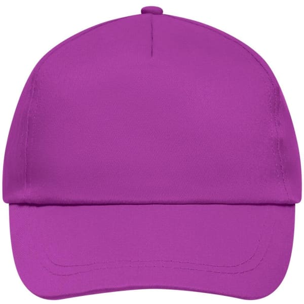 A purple 5 panel cap with a smooth finish and a logo on the front.
