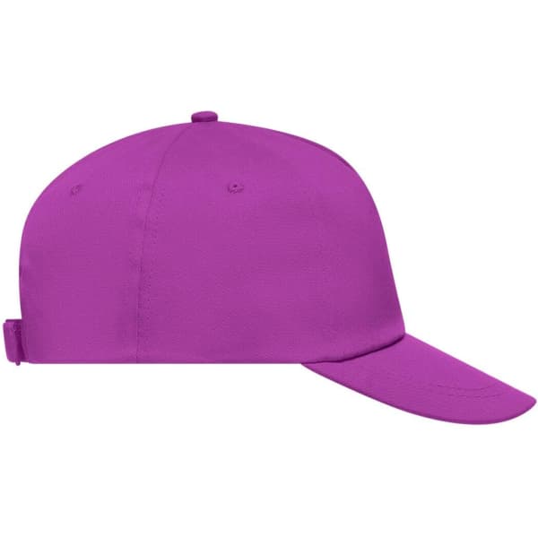 A purple 5 panel cap with a curved brim and an adjustable strap at the back, featuring a logo.