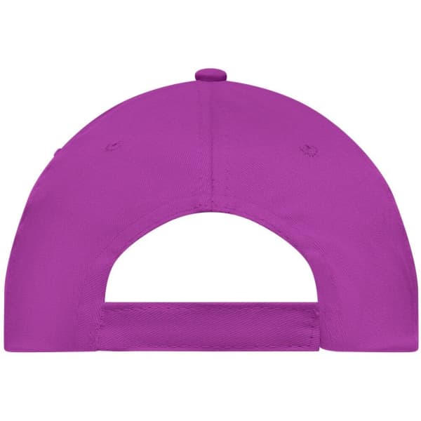A purple 5-panel cap featuring a back closure and a logo on the side.
