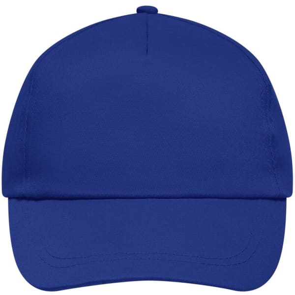 A blue 5 Panel Promo Cap featuring a structured design and a logo at the front.