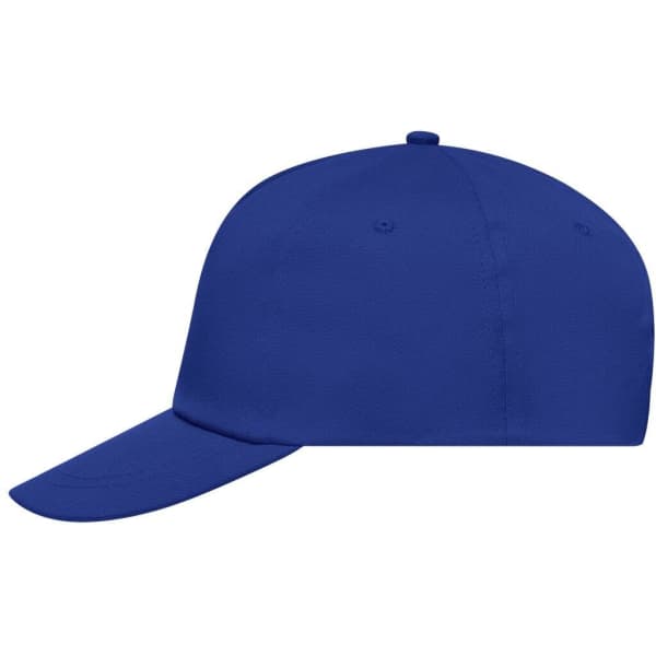 A blue 5-panel cap featuring a curved brim and a logo on the front.