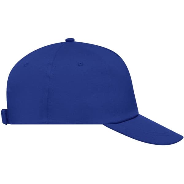 A blue five-panel promo cap featuring a curved brim and an adjustable strap at the back. It has a branding logo.