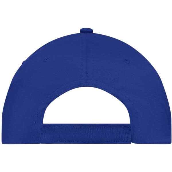 A blue 5 Panel Promo Cap featuring a back strap and a logo.