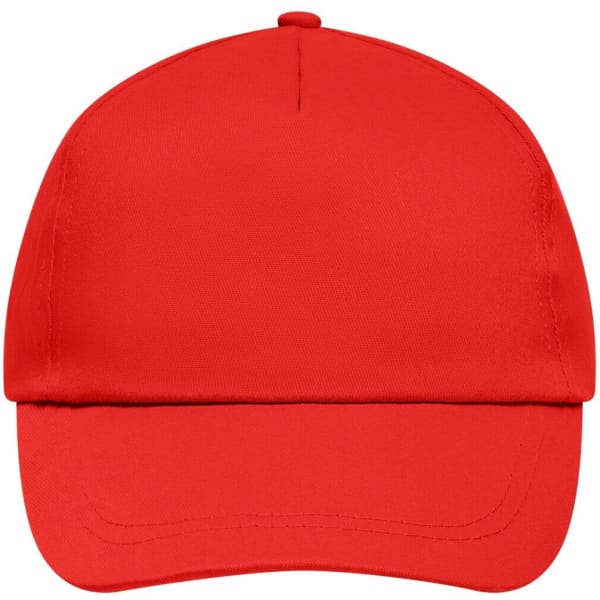 A red 5-panel promo cap with a curved brim and a logo on the front. Simple and stylish headwear option.