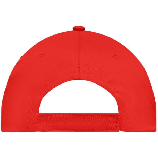 A red 5 panel cap with an adjustable strap at the back and a logo present.