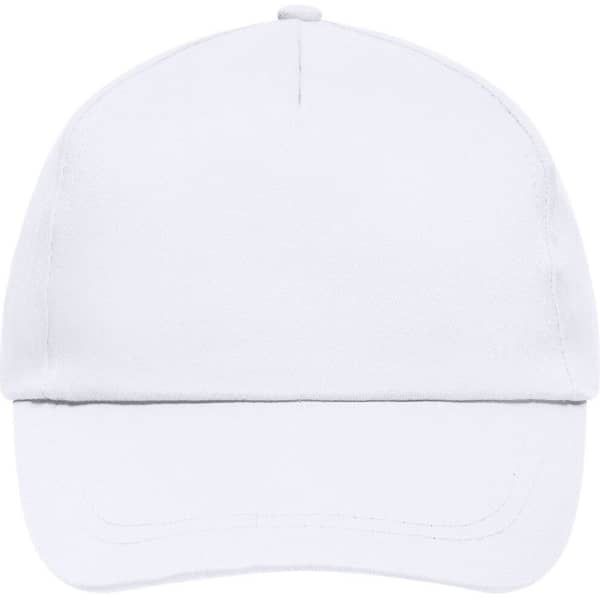 A white 5 panel promotional cap with a soft crown and a curved visor, featuring a logo.