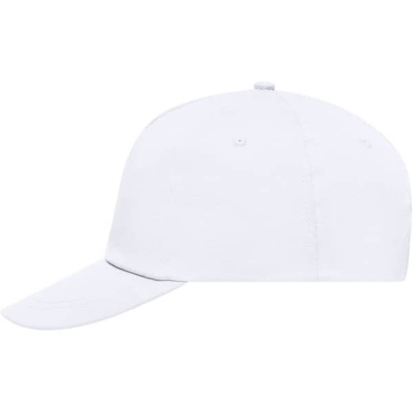 A white 5-panel promotional cap with a curved brim and a rear adjustment strap. It features a logo on the front.