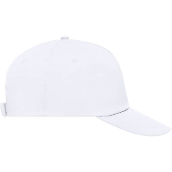 A white 5 panel promo cap featuring a curved brim and an adjustable strap at the back. It has a logo on it.