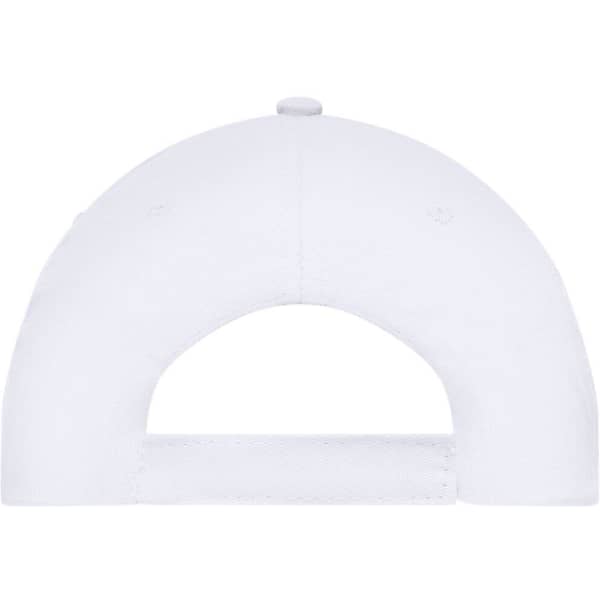 A white 5 panel cap featuring a curved back and an adjustable strap, with a button on top and a logo.