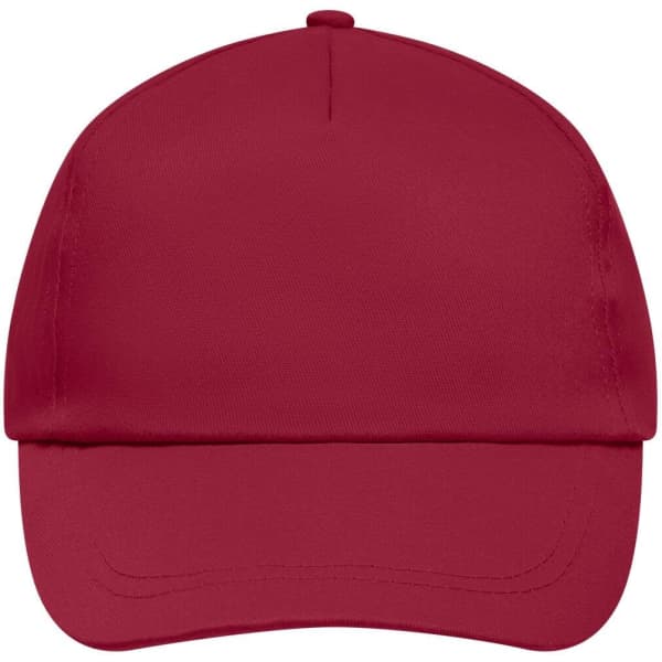 A maroon 5 panel promo cap featuring a curved peak and a blank front for potential branding.